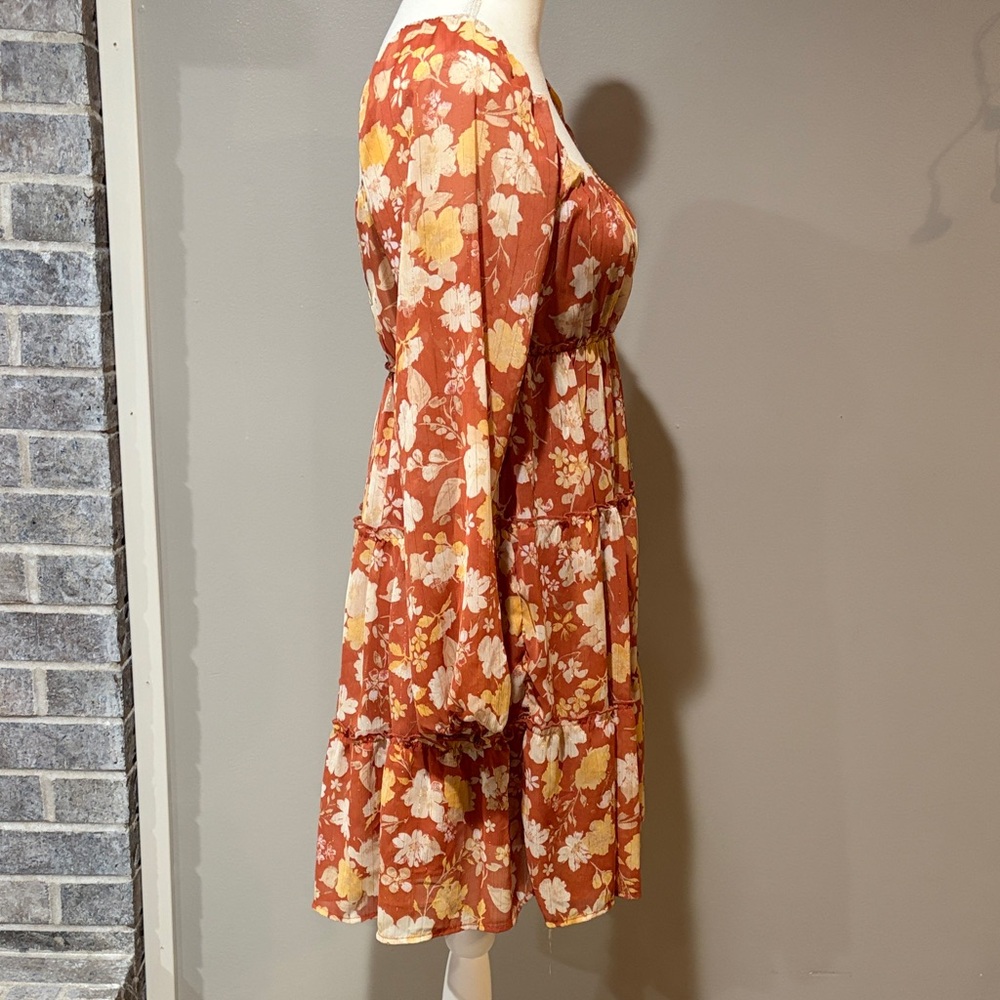 Trixxi Orange and Cream Floral Long Sleeve Dress - Picture 2 of 4